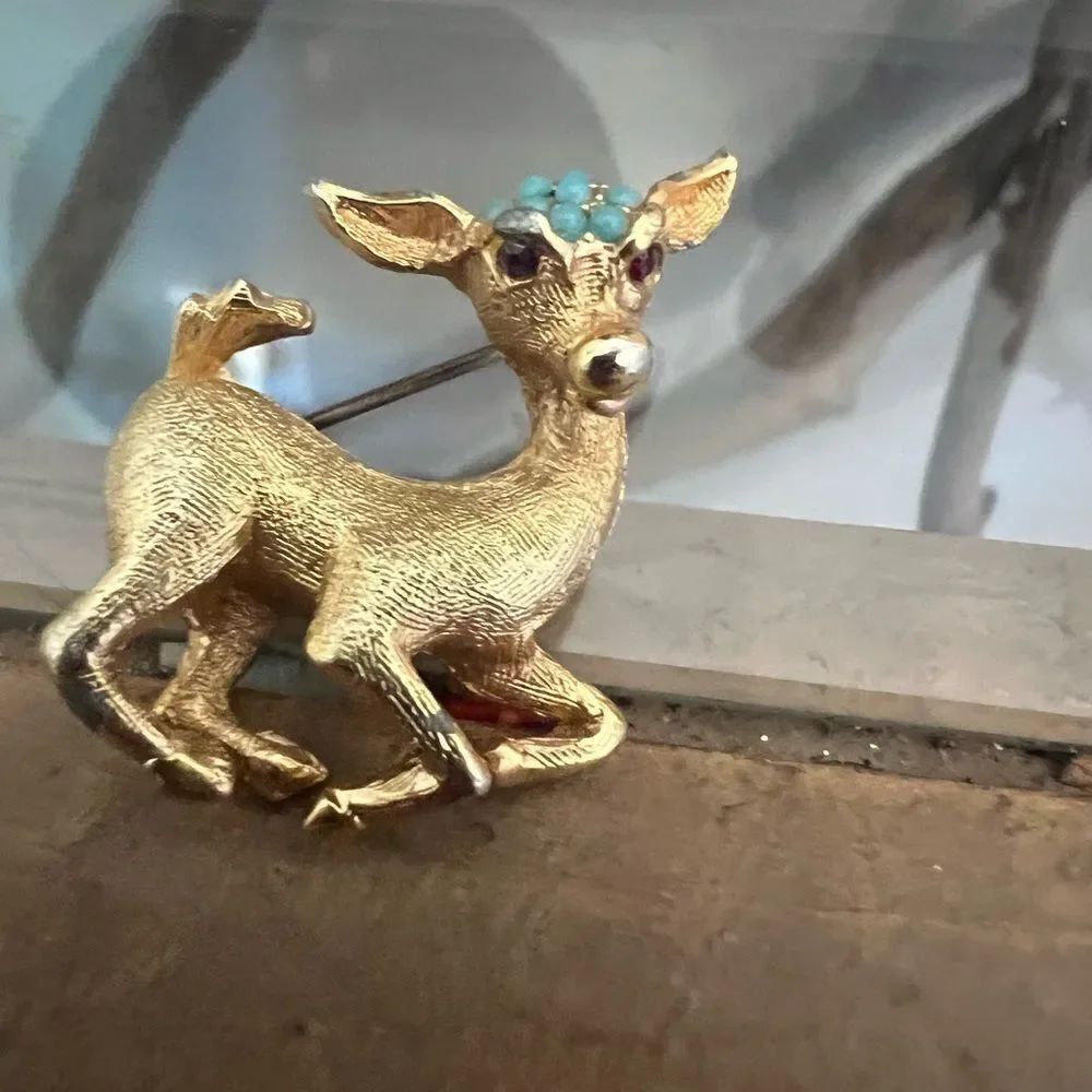 Vintage Gold plated Deer Brooch with Blue turquoise Accents.